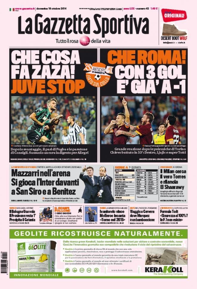Prima pagina Gazzetta del 19/10/2014 (Fonte: giornalone.it)