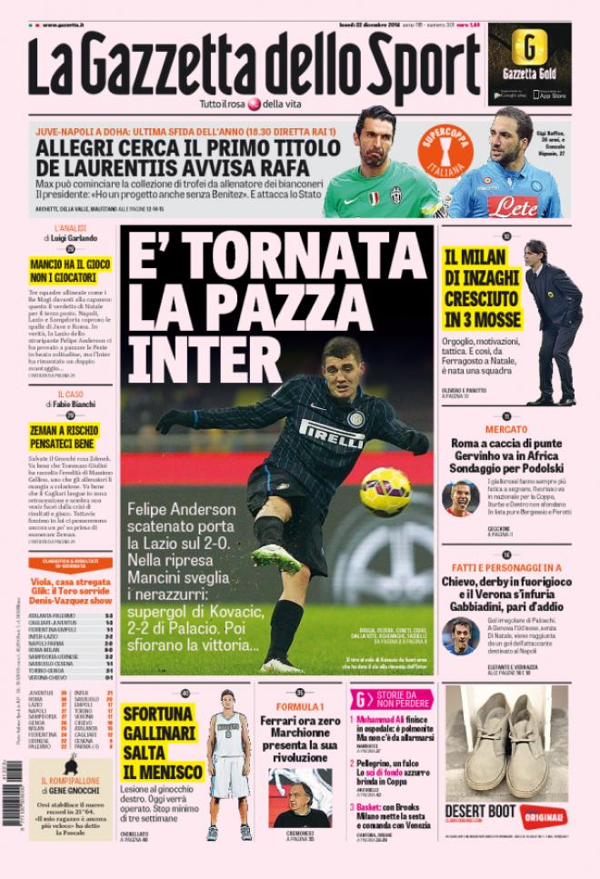 Prima pagina della Gazzetta dello Sport (Fonte: giornalone.it) 