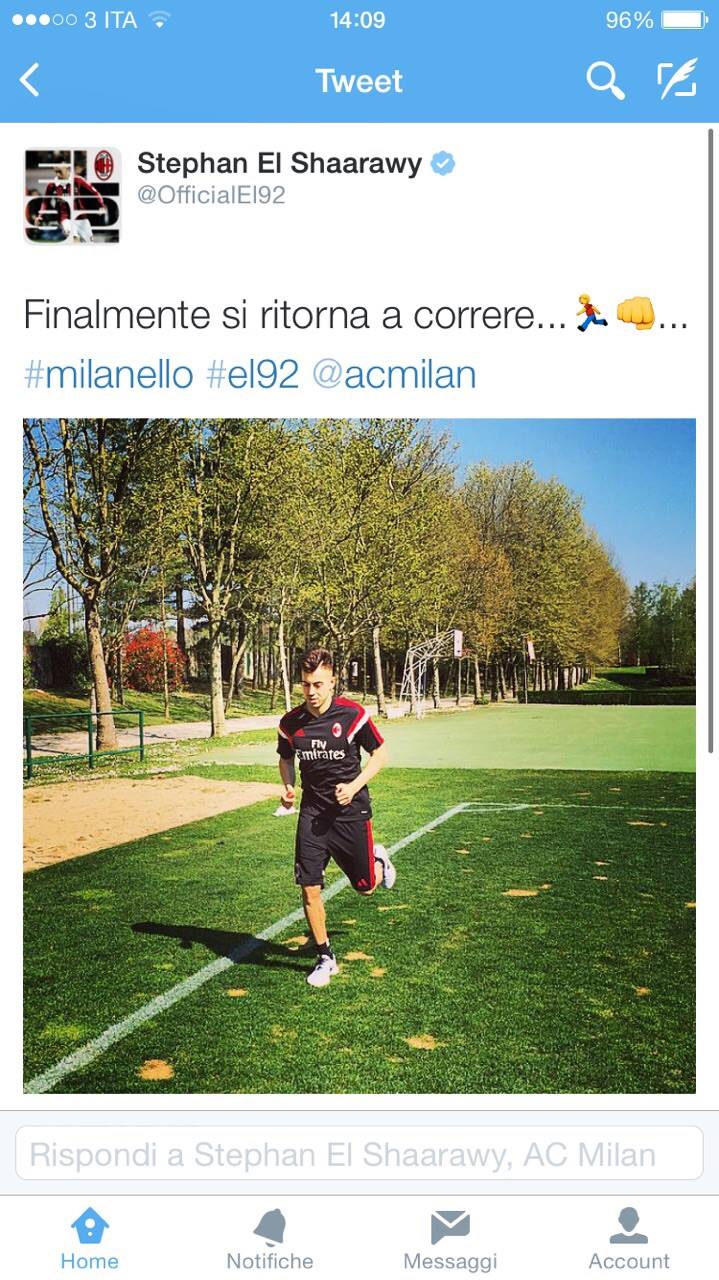 El Shaarawy a Milanello (fonte: profilo twitter di Stephan El Shaarawy)