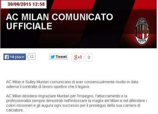 Il comunicato ufficiale dell'addio di Muntari - fonte: acmilan.com