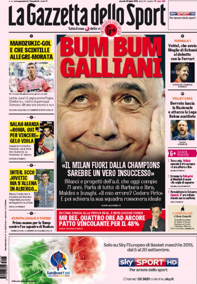 Prima pagina de La Gazzetta dello Sport (Fonte: giornalone.it)