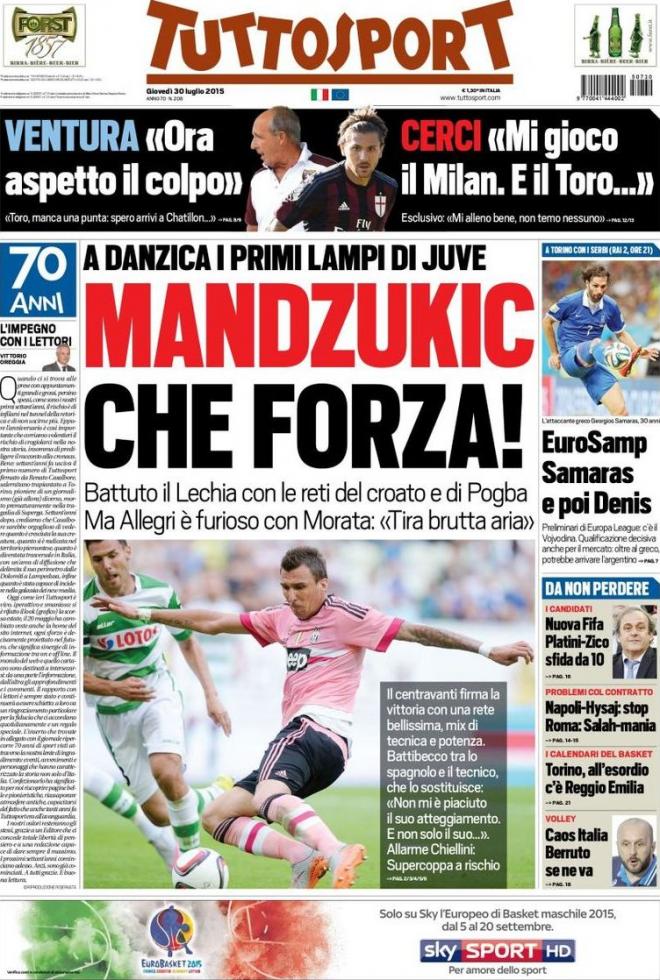 Prima pagina Tuttosport (Fonte: giornalone.it)