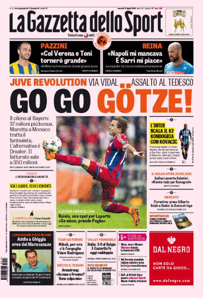 Prima pagina de La Gazzetta dello Sport (Fonte: giornalone.it)