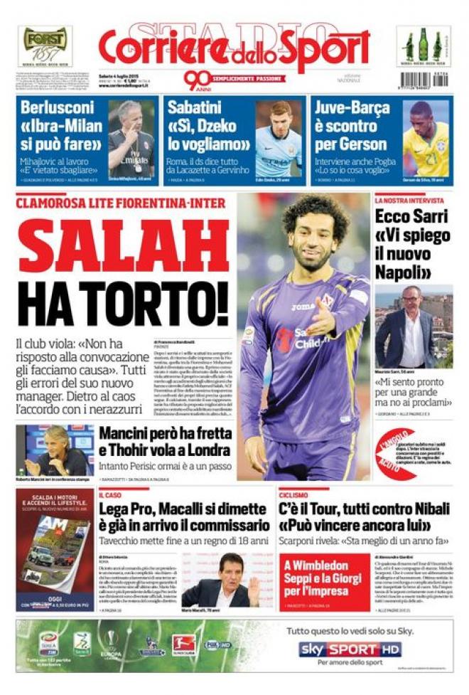 Prima pagina del Corriere dello Sport (Fonte: giornalone.it) 