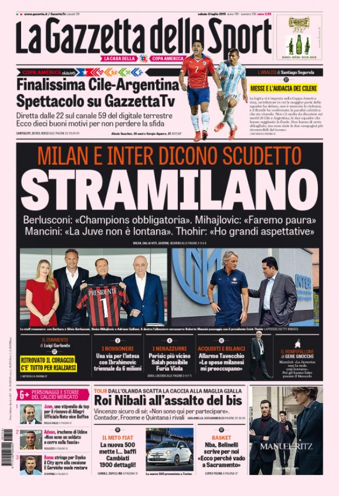 Prima pagina de La Gazzetta dello Sport (Fonte: giornalone.it)