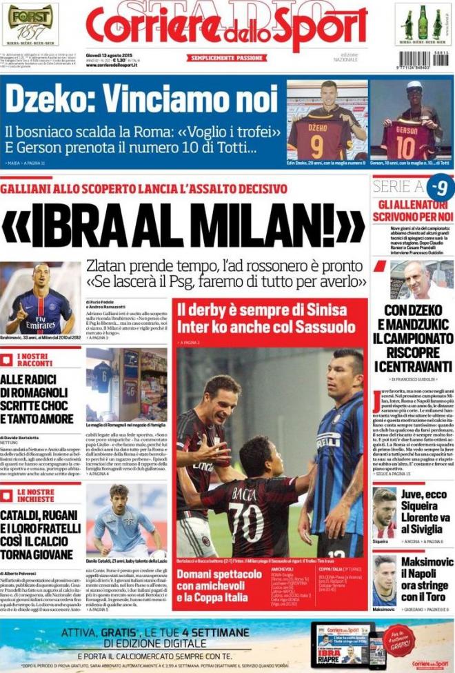 Prima pagina del Corriere dello Sport (Fonte: giornalone.it)