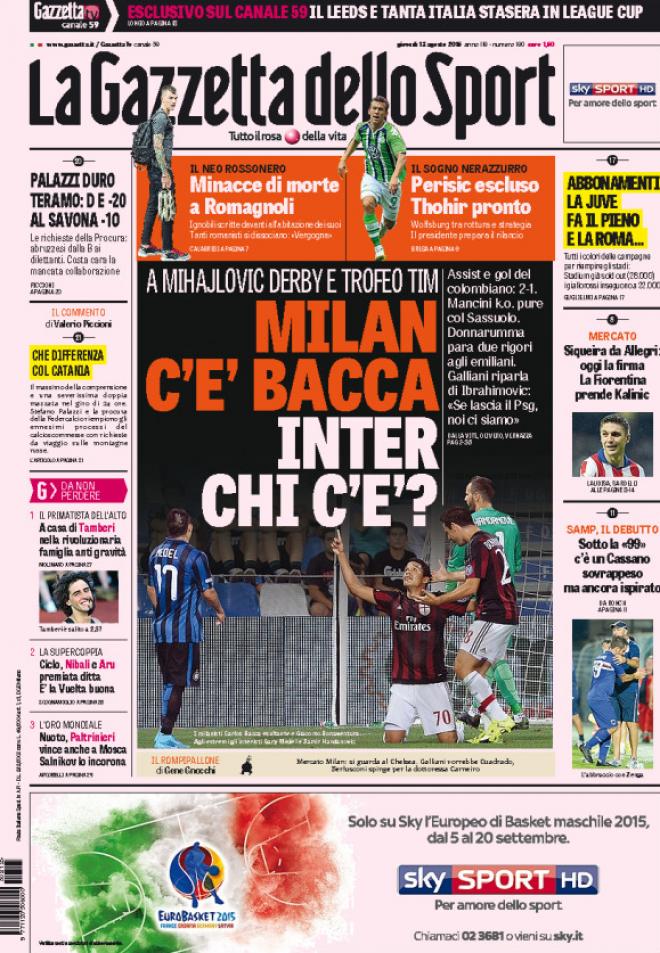 Prima pagina de La Gazzetta dello Sport (Fonte: giornalone.it)