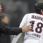 Nice's Maupay celebrates his goal against Lille with coach Claude Puel during their French Ligue Cup soccer match at the Lille Grand Stade Stadium in Villeneuve d'Ascq
