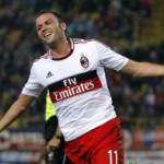 AC Milan's Pazzini celebrates after scoring a third goal against Bologna during their Italian Serie A soccer match at the Dall'Ara stadium in Bologna