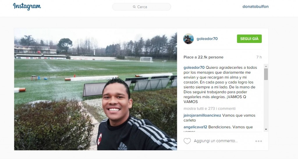 Carlos Bacca da Milanello, Milan, foto Instagram Carlos Bacca