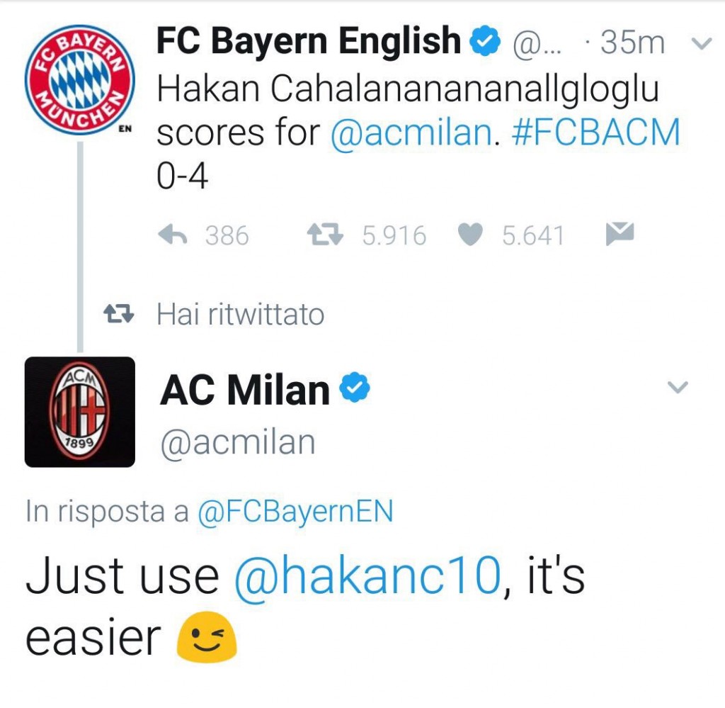 Bayern Monaco e Milan su Twitter