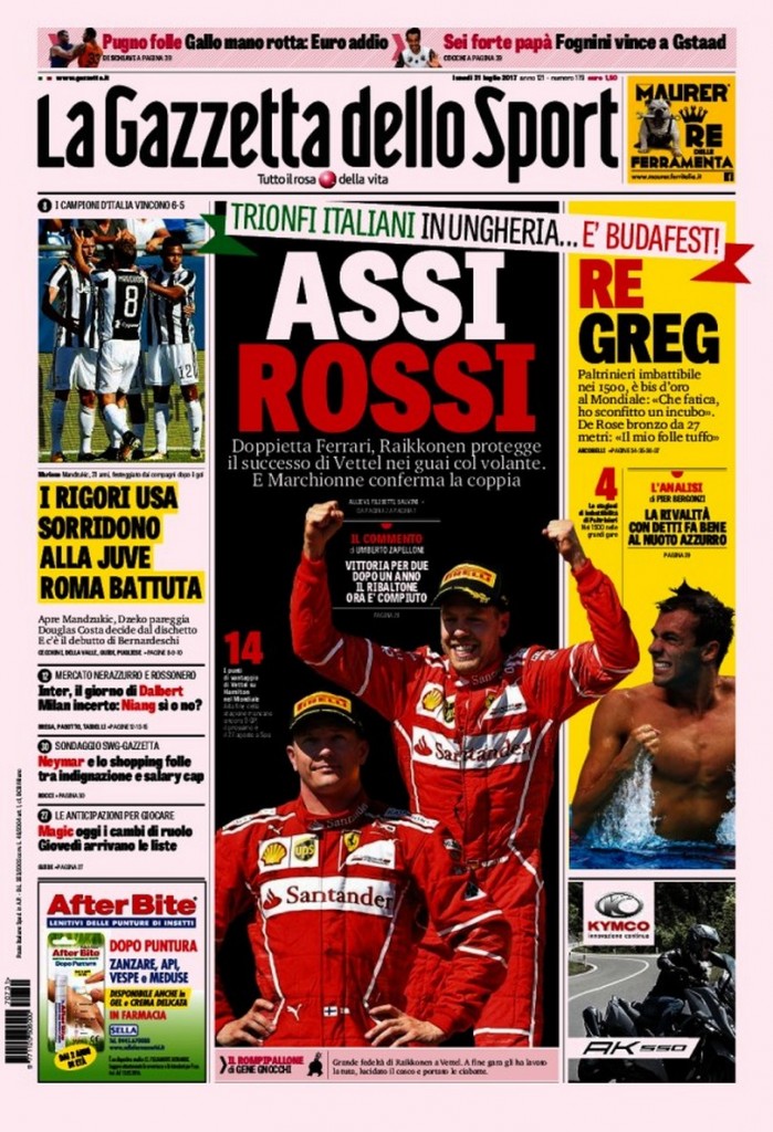 Prima pagina Gazzetta dello Sport 31 luglio 2017