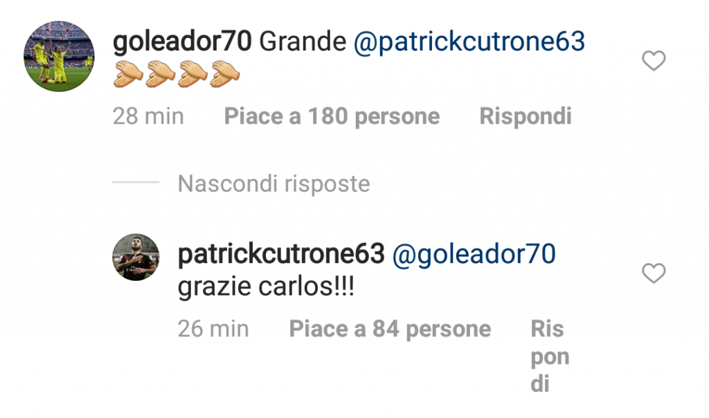 Il botta-risposta tra Bacca e Cutrone su Instagram