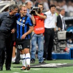 Mourinho e Sneijder festeggiano dopo lo 0-4 al Milan