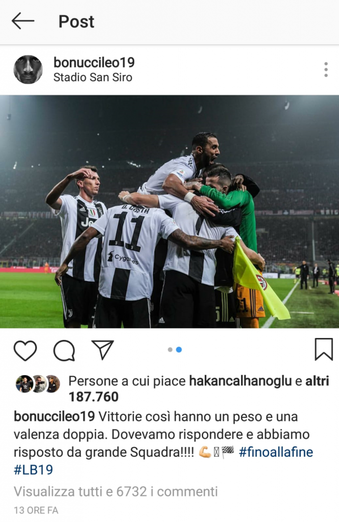 bonucci post e like di Calhanoglu