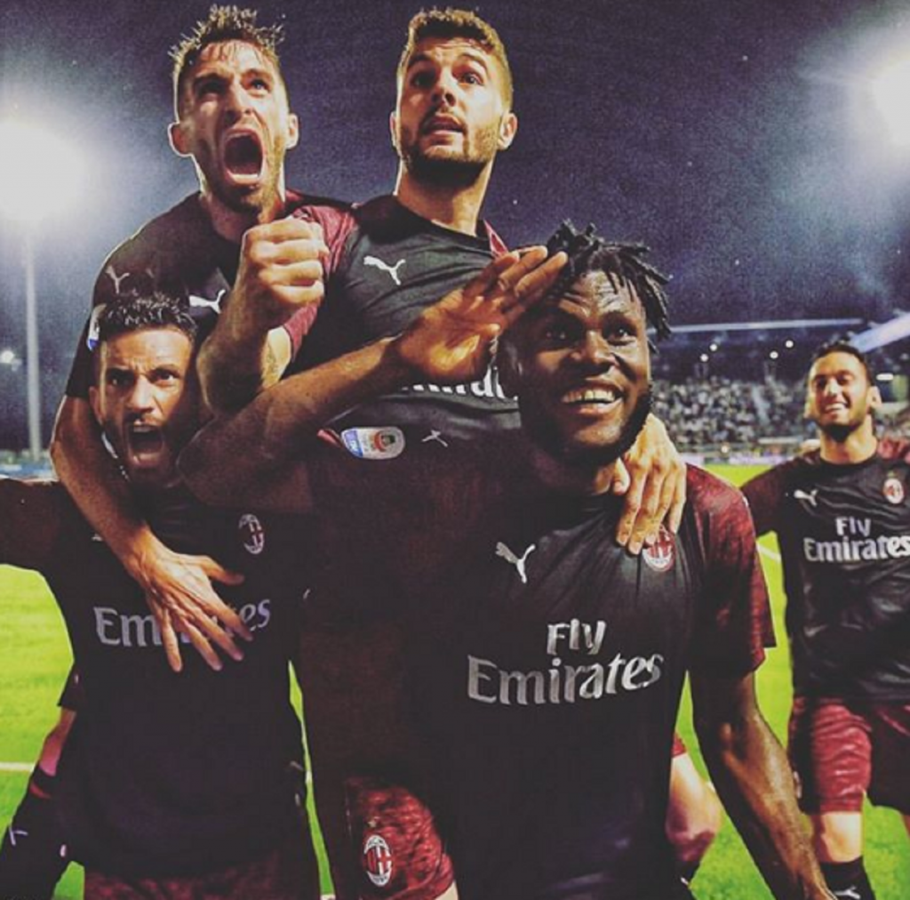 Borini, Cutrone, Calhanoglu, Musacchio e Kessié festeggiano in SPAL-Milan, foto Instagram Cutrone