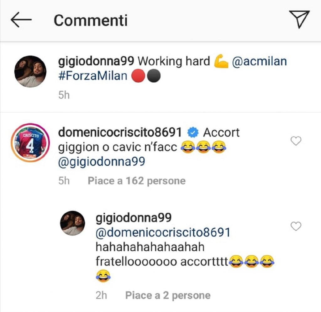 Lo scambio su Instagram di Donnarumma e Criscito, Instagram Donnarumma