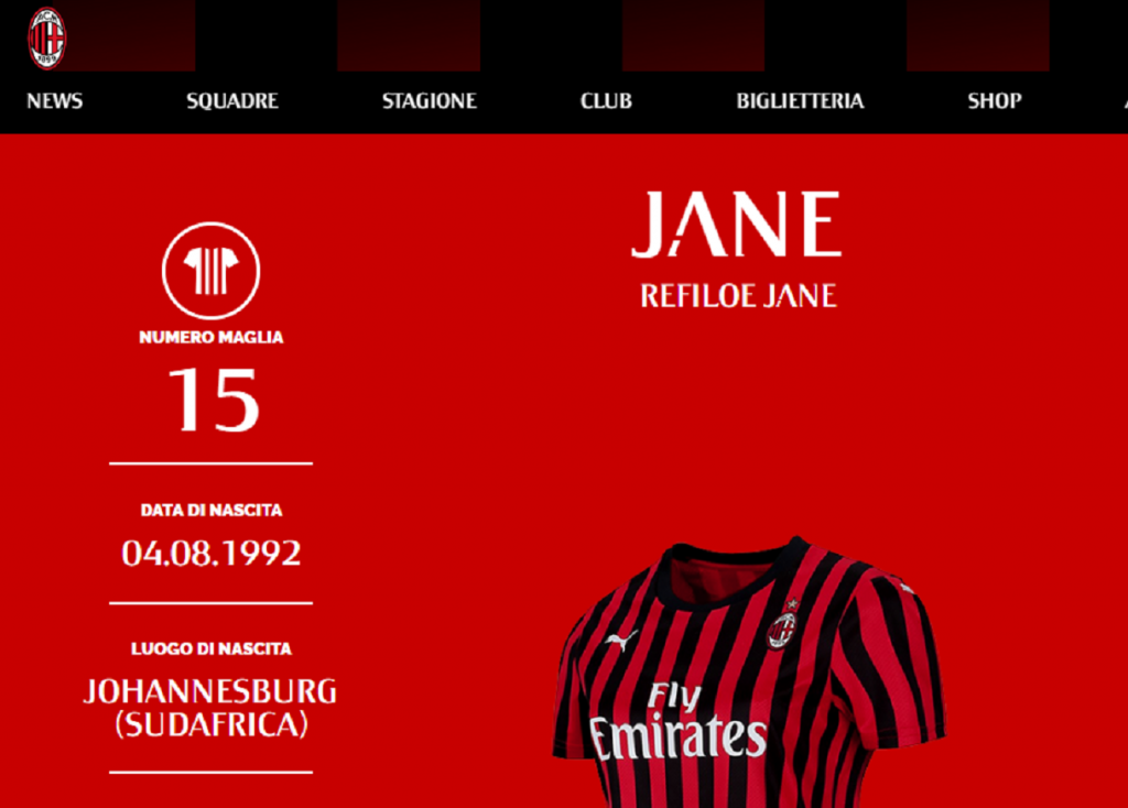 Refiloe Jane, nuovo centrocampista del Milan Femminile, acmilan.com