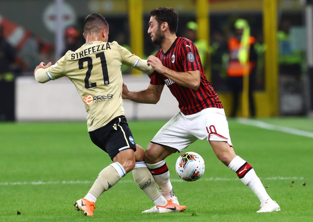 Hakan Calhanoglu e Gabriel Strefezza in Milan-Spal, Getty Images