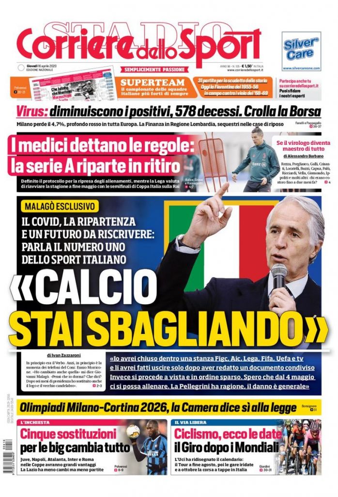 Corriere dello Sport prima pagina 16 aprile 2020