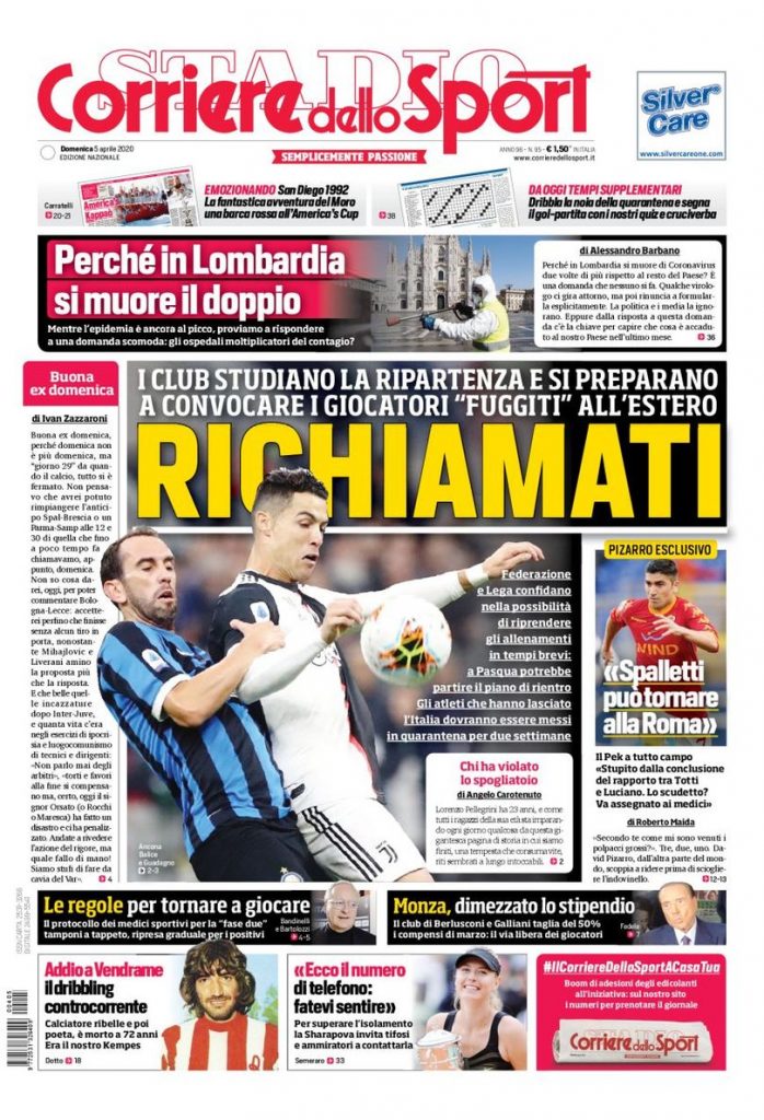 Corriere dello Sport prima pagina 5 aprile 2020