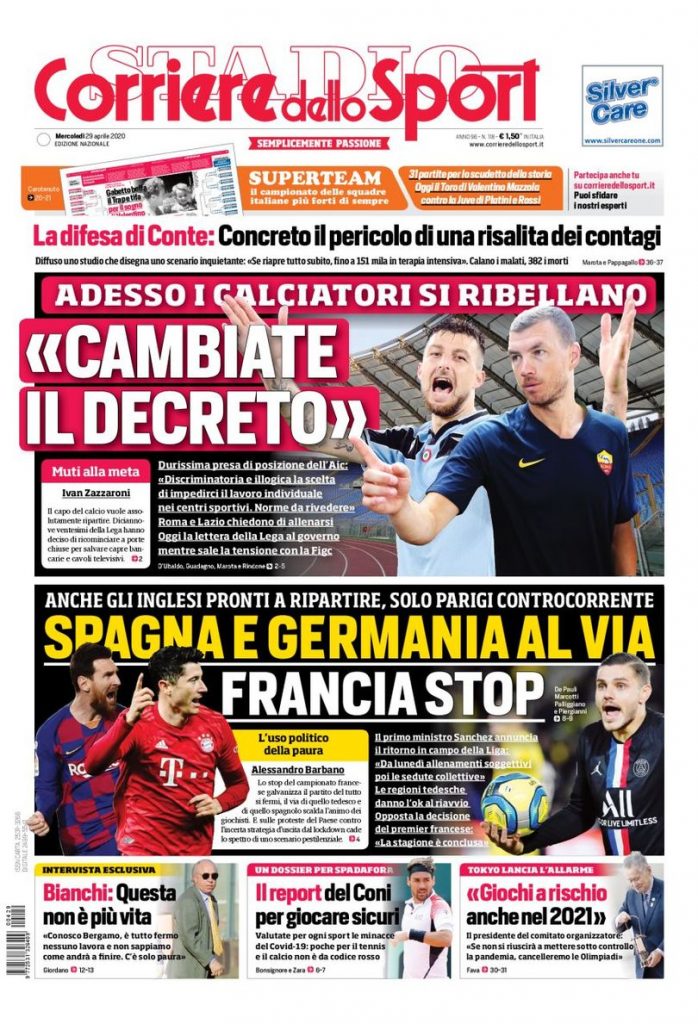 Prima pagina Corriere dello Sport 29 aprile 2020