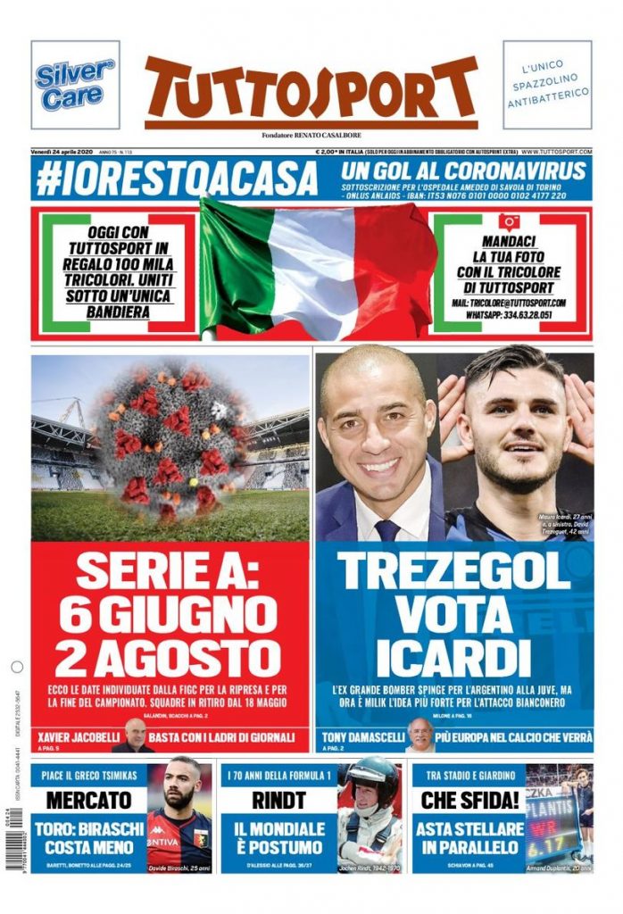 Prima pagina Tuttosport 24 aprile 2020