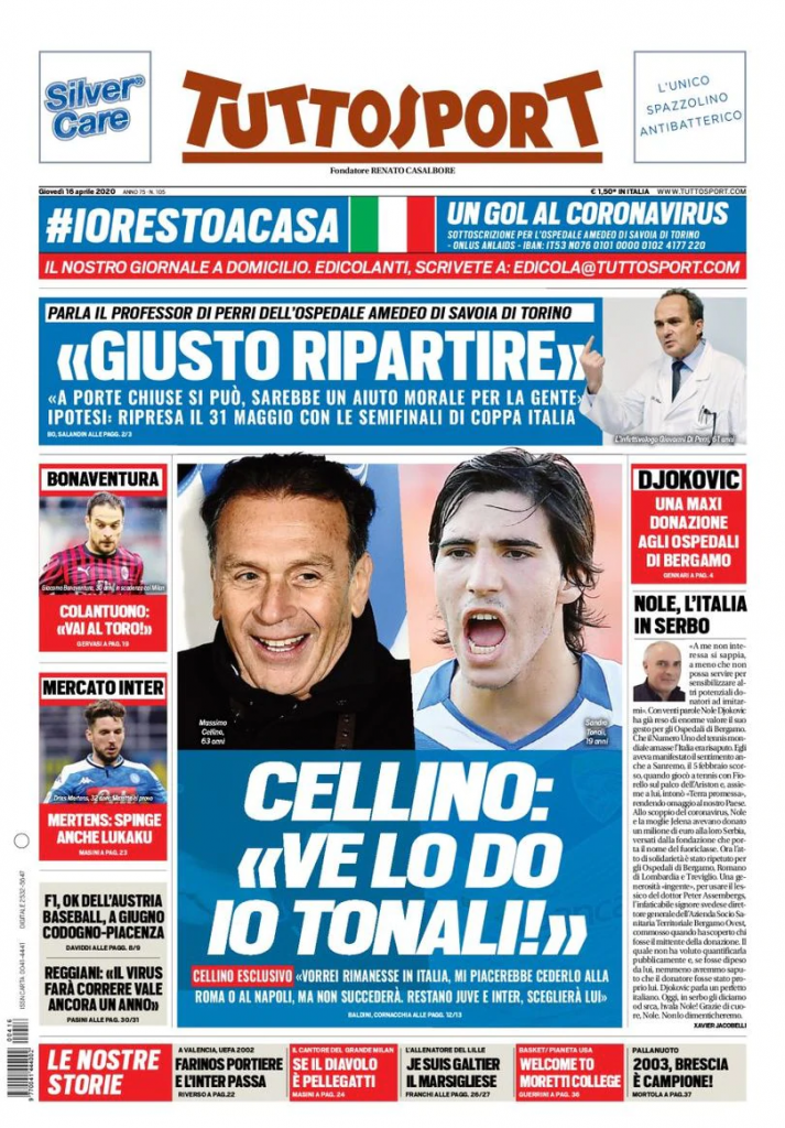 Tuttosport prima pagina 16 aprile 2020