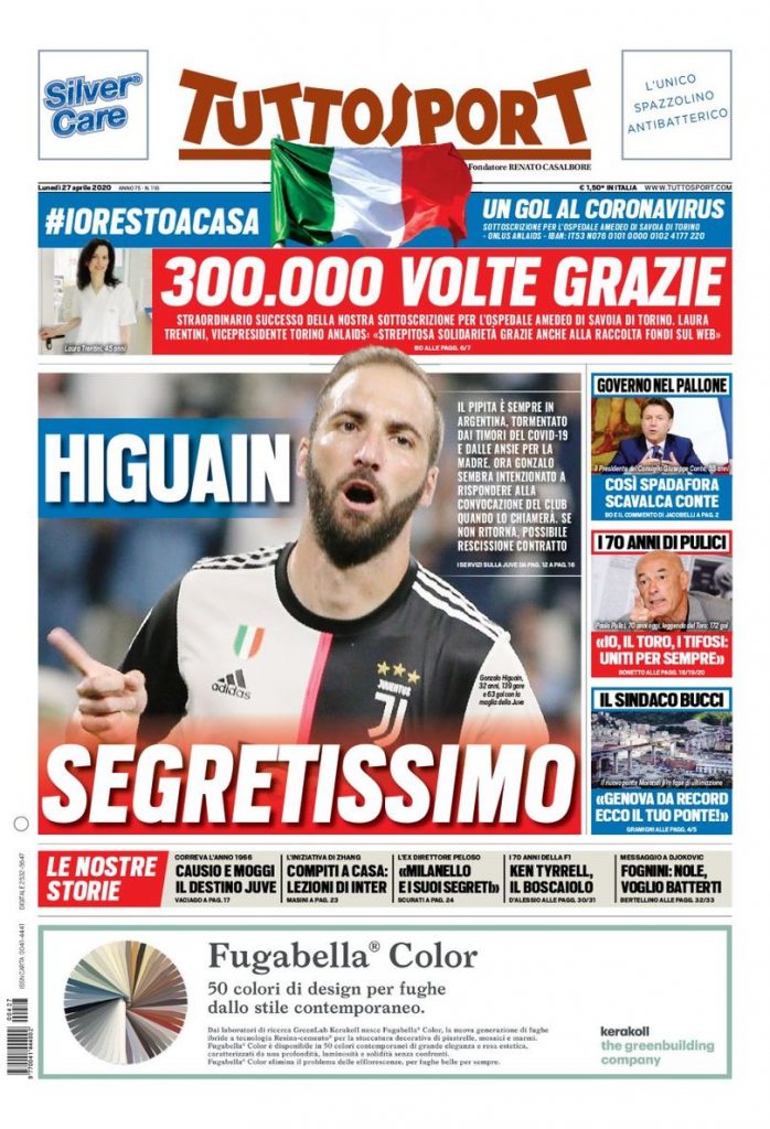 Tuttosport prima pagina 27 aprile 2020