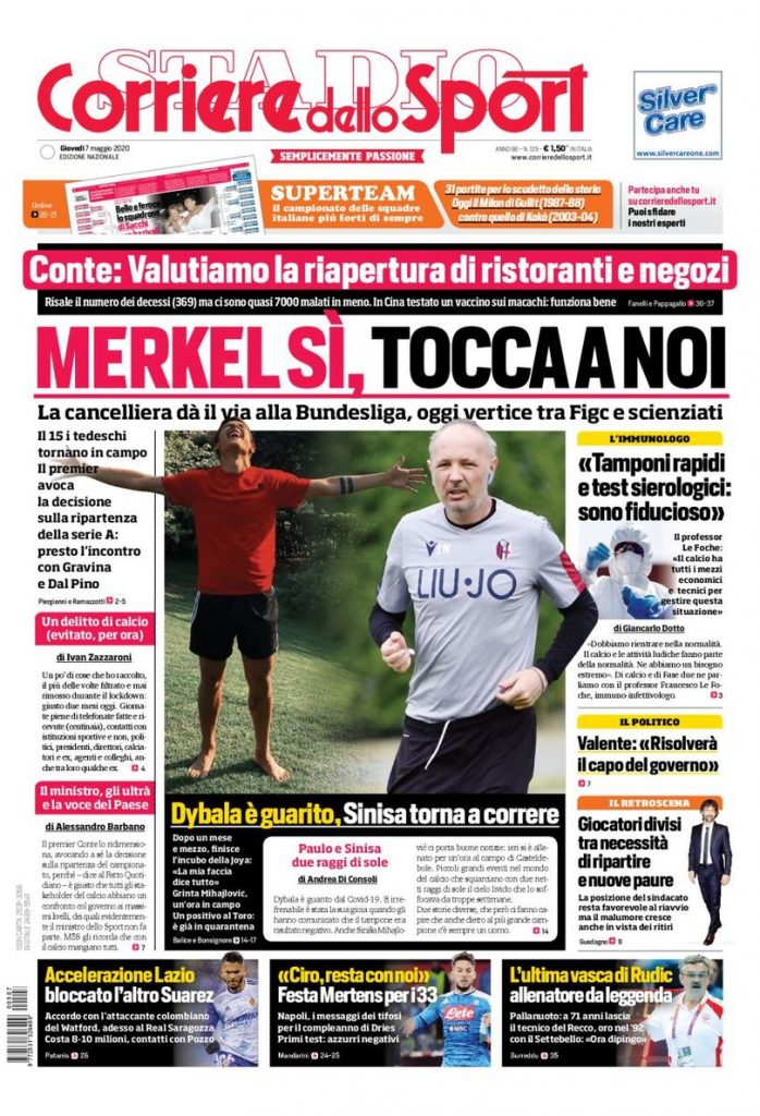Corriere dello Sport prima pagina 7 maggio 2020