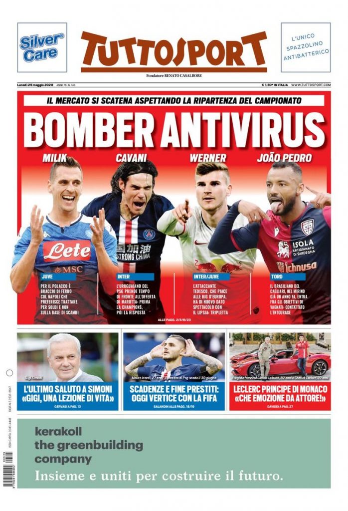 Prima pagina Tuttosport 25 maggio 2020