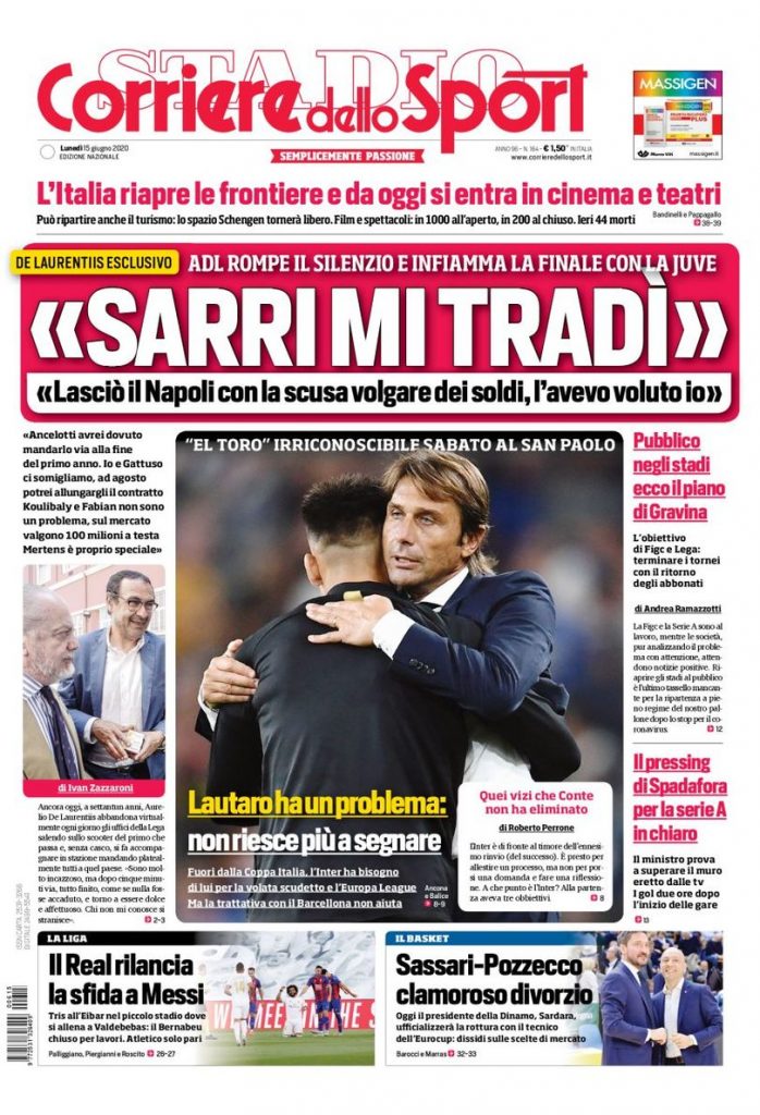 Prima pagina Corriere dello Sport 15 giugno 2020