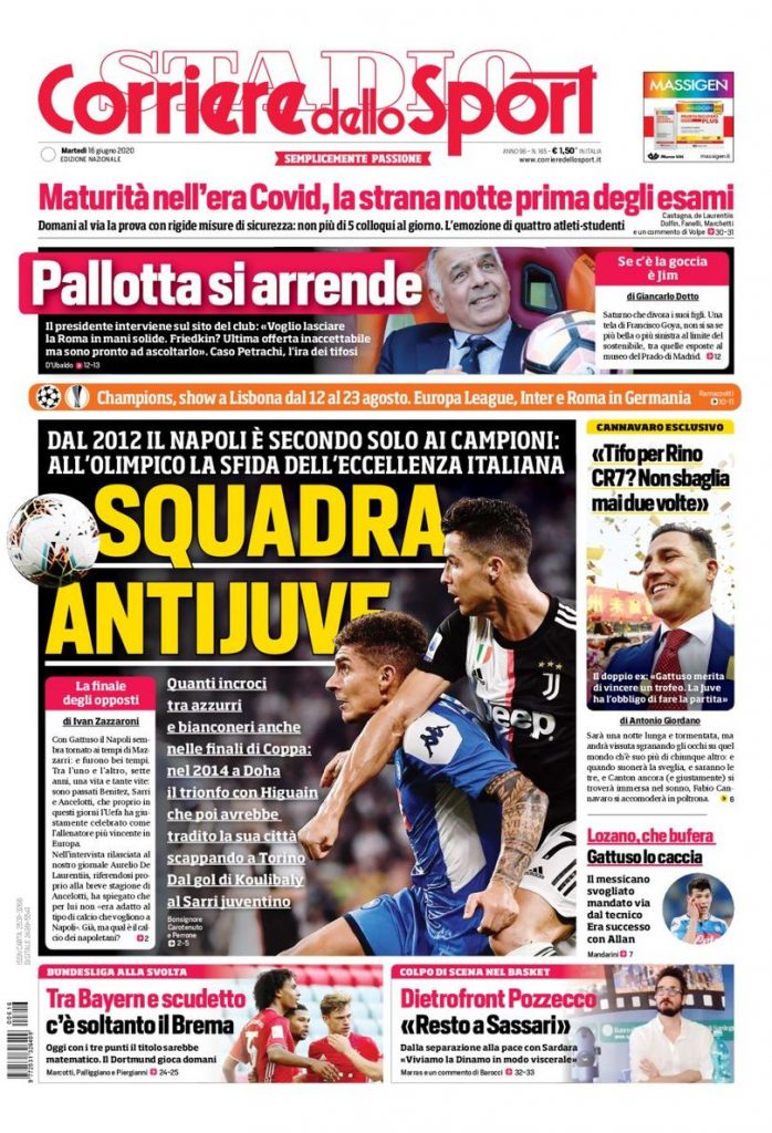Prima pagina Corriere dello Sport 16 giugno 2020