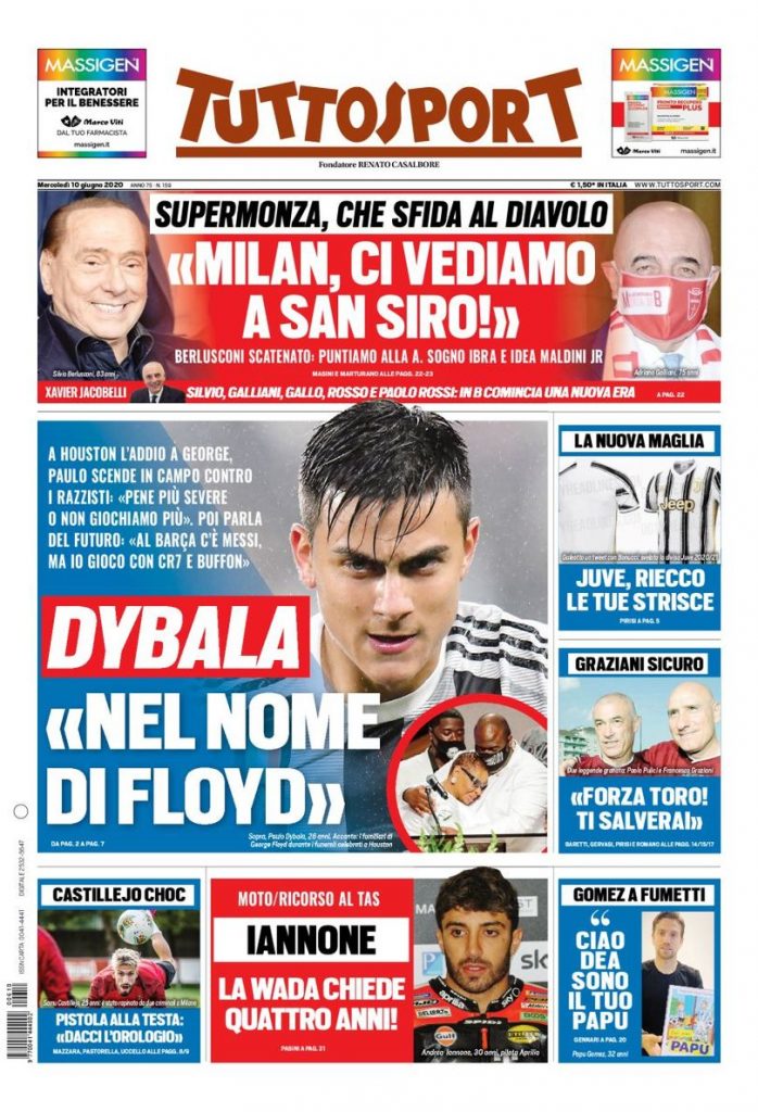 prima pagina Tuttosport 10 giugno 2020