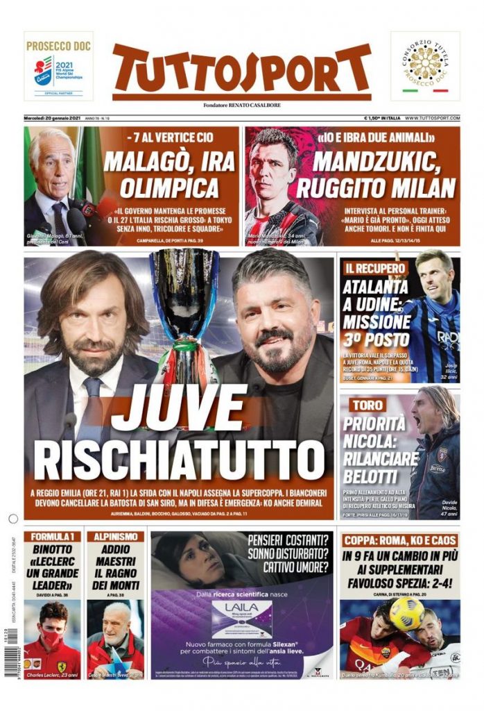 Tuttosport, la prima pagina di oggi, mercoledì 20 gennaio 2021