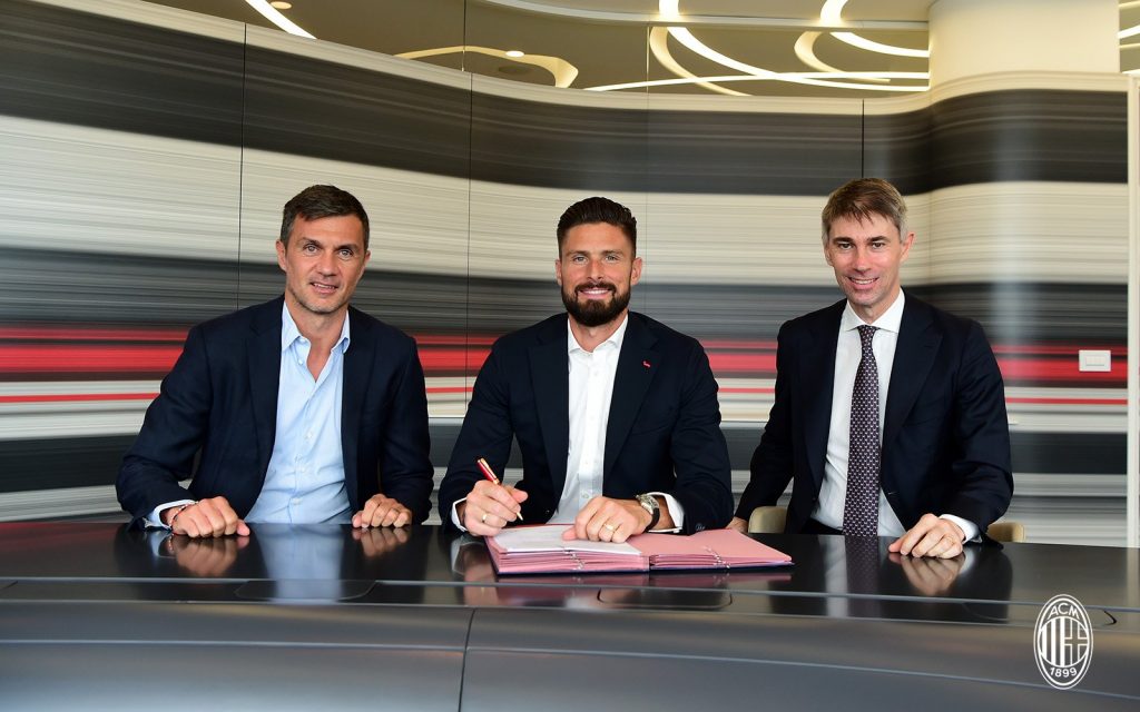 Olivier Giroud, Paolo Maldini e Frederic Massara