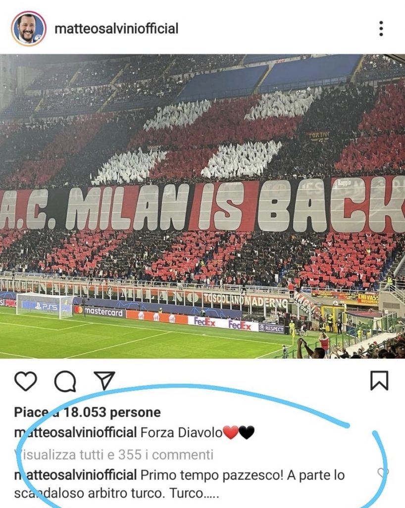 Milan-Atlético Madrid 1-2 Champions League 2021-2022 AC Milan Salvini Instagram
