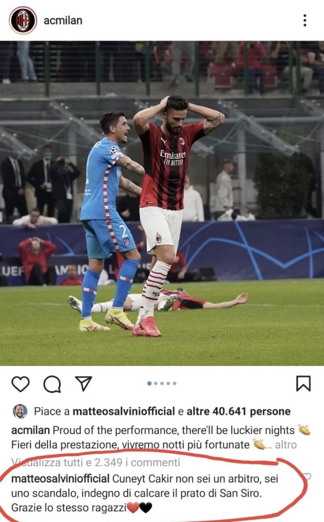 Milan-Atlético Madrid 1-2 Champions League 2021-2022 AC Milan Salvini Instagram
