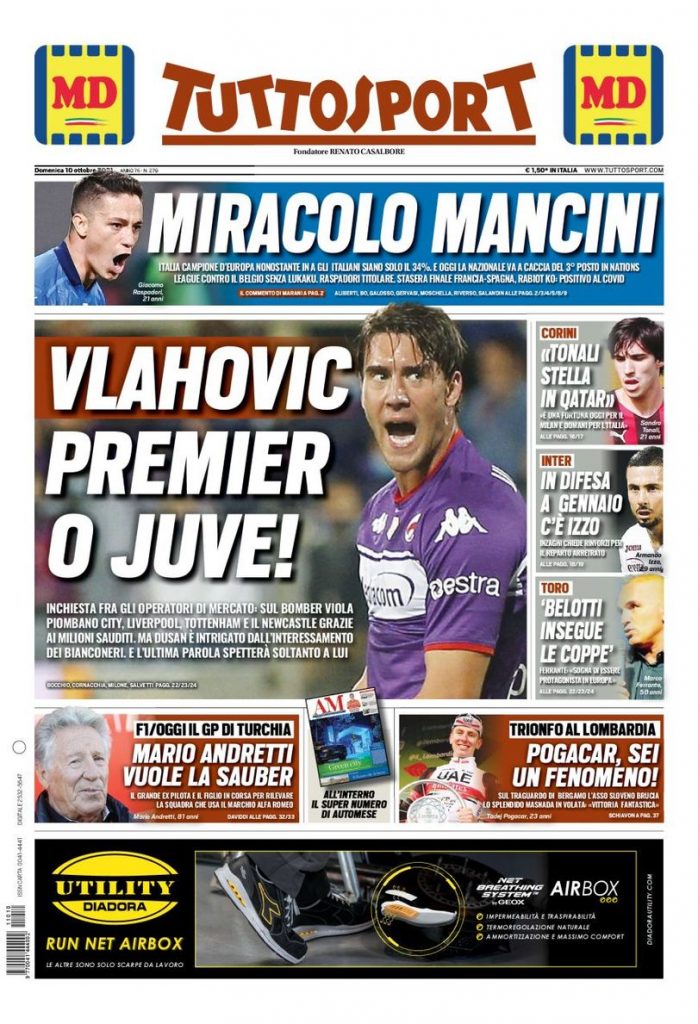Tuttosport, la prima pagina di oggi, domenica 10 ottobre 2021