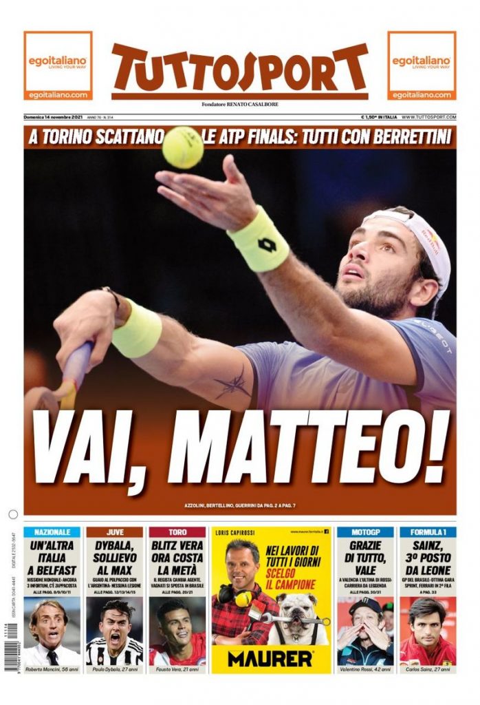 La prima pagina di 'Tuttosport', in edicola oggi, 14 novembre 2021