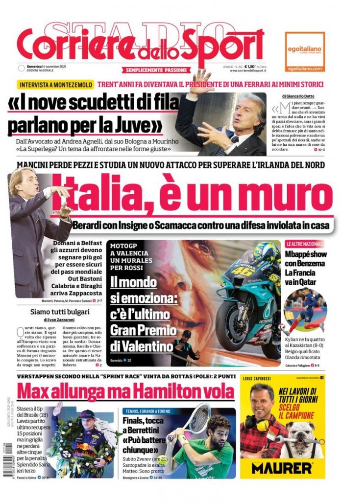 La prima pagina del 'Corriere dello Sport', in edicola oggi, 14 novembre 2021