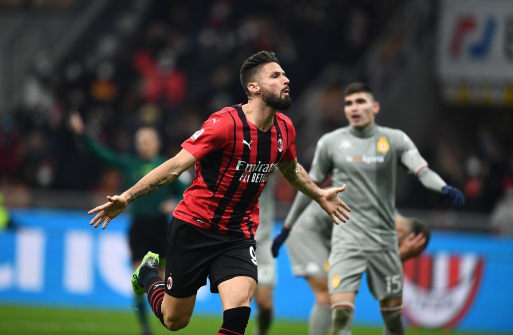MILAN, ITALY - JANUARY 13: Olivier Giroud of AC Milan celebrates after scoring the goal during the Coppa Italia match between AC Milan and Genoa CFC at Stadio Giuseppe Meazza on January 13, 2022 in Milan, Italy. (Photo by Claudio Villa/AC Milan via Getty Images)