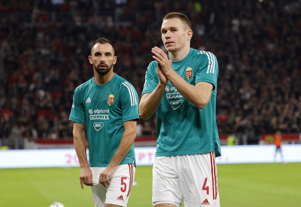 BUDAPEST, HUNGARY - SEPTEMBER 8: Attila Szalai of Hungary reacts next to Attila Fiola of Hungary prior to the FIFA World Cup 2022 Qatar qualifying match between Hungary and Andorra at Puskas Arena on September 8, 2021 in Budapest, Hungary. (Photo by Laszlo Szirtesi/Getty Images)
