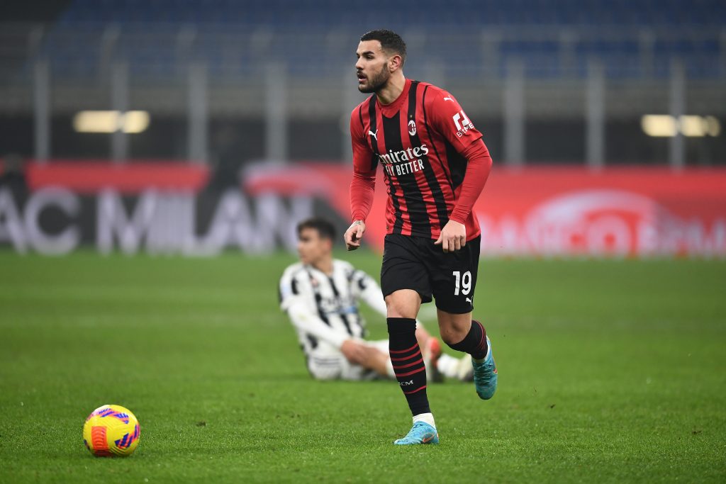 MILAN, ITALY - JANUARY 23: Theo Hernandez of AC Milan in action during the Serie A match between AC Milan and Juventus at Stadio Giuseppe Meazza on January 23, 2022 in Milan, Italy. (Photo by Claudio Villa/AC Milan via Getty Images)
