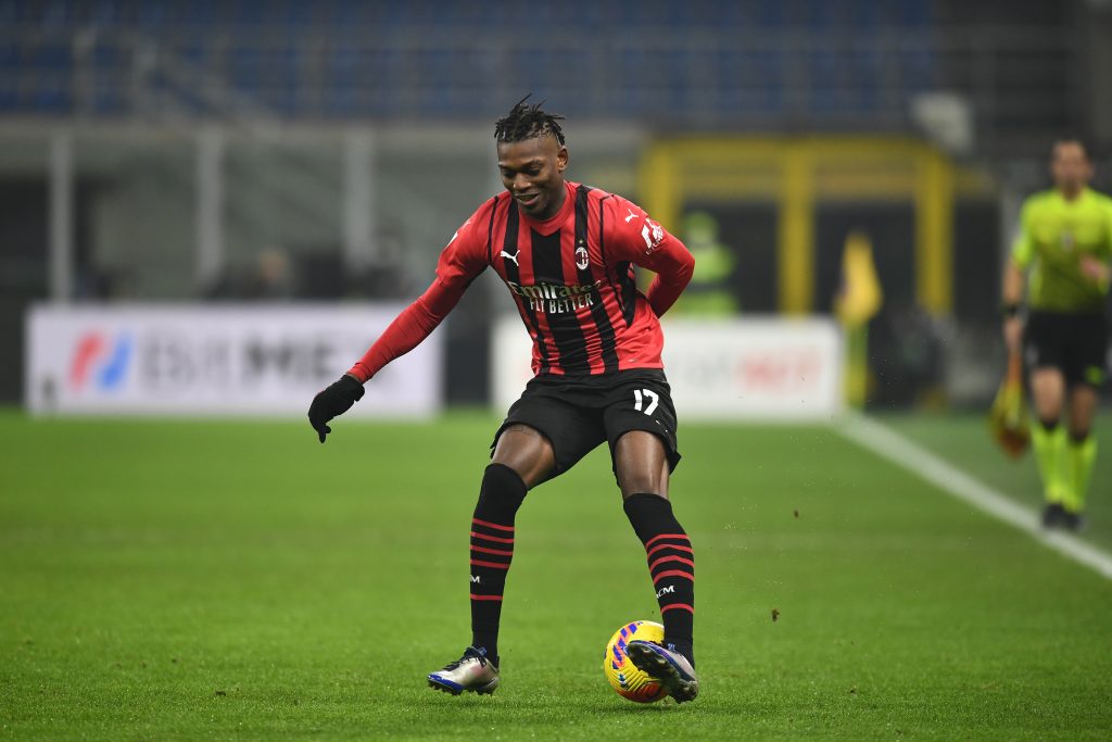 MILAN, ITALY - JANUARY 23: Rafael Leao of AC Milan in action during the Serie A match between AC Milan and Juventus at Stadio Giuseppe Meazza on January 23, 2022 in Milan, Italy. (Photo by Claudio Villa/AC Milan via Getty Images)