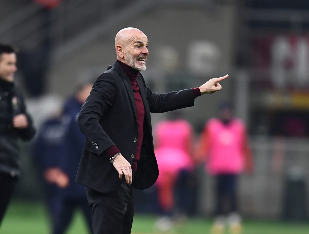 MILAN, ITALY - JANUARY 13: Head coach of AC Milan Stefano Pioli reacts during the Coppa Italia match between AC Milan and Genoa CFC at Stadio Giuseppe Meazza on January 13, 2022 in Milan, Italy. (Photo by Claudio Villa/AC Milan via Getty Images)
