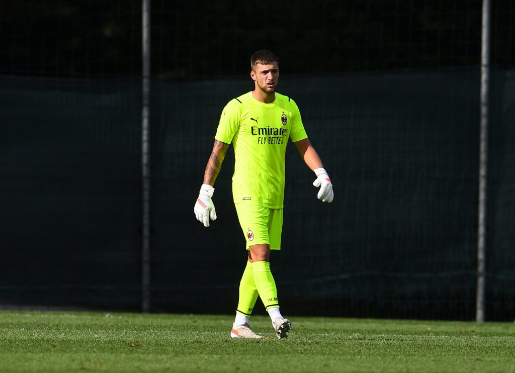 CAIRATE, ITALY - JULY 17: Alessandro Plizzari of AC Milan in action during the Pre-Season Friendly match between AC Milan and Pro Sesto at Milanello on July 17, 2021 in Cairate, Italy. (Photo by Claudio Villa/AC Milan via Getty Images)