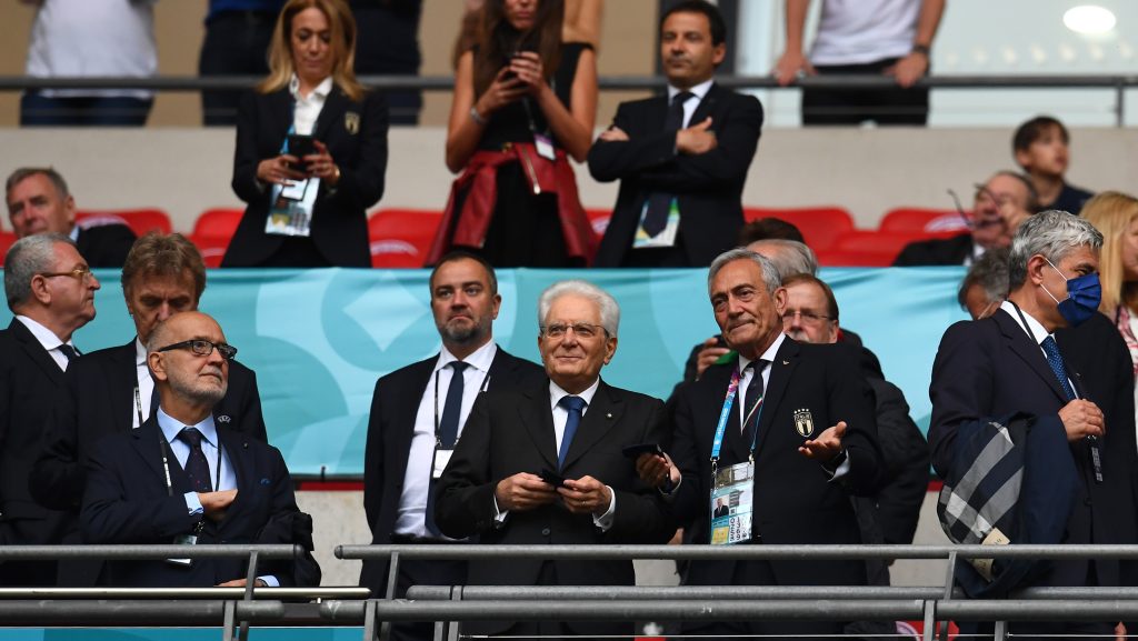 LONDON, ENGLAND - JULY 11: Sergio Mattarella, President of Italy (C) and Gabriele Gravina, Italian Football Federation President (R) look on prior to the UEFA Euro 2020 Championship Final between Italy and England at Wembley Stadium on July 11, 2021 in London, England. (Photo by Claudio Villa/Getty Images)