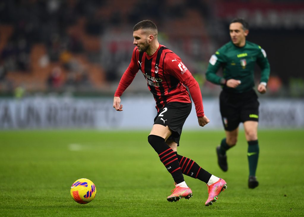 MILAN, ITALY - JANUARY 13: Ante Rebic of AC Milan in action during the Coppa Italia match between AC Milan and Genoa CFC at Stadio Giuseppe Meazza on January 13, 2022 in Milan, Italy. (Photo by Claudio Villa/AC Milan via Getty Images)