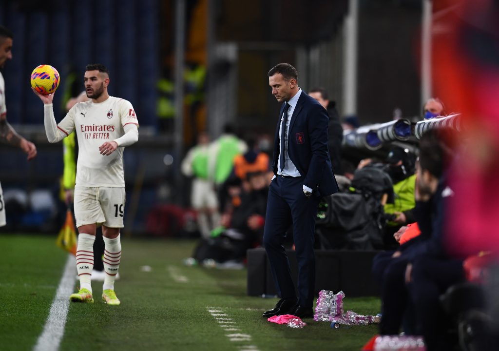 GENOA, ITALY - DECEMBER 01: Head coach of Genoa CFC Andrij Sevcenko reacts during the Serie A match between Genoa CFC and AC Milan at Stadio Luigi Ferraris on December 01, 2021 in Genoa, Italy. (Photo by Claudio Villa/AC Milan via Getty Images)